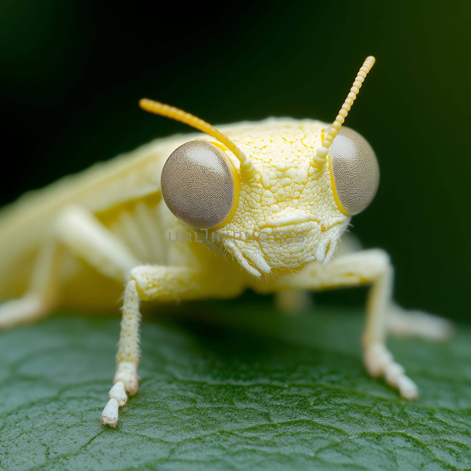 A close-up of a yellow insect resting on a green leaf, showing its unique texture and features in the wild.