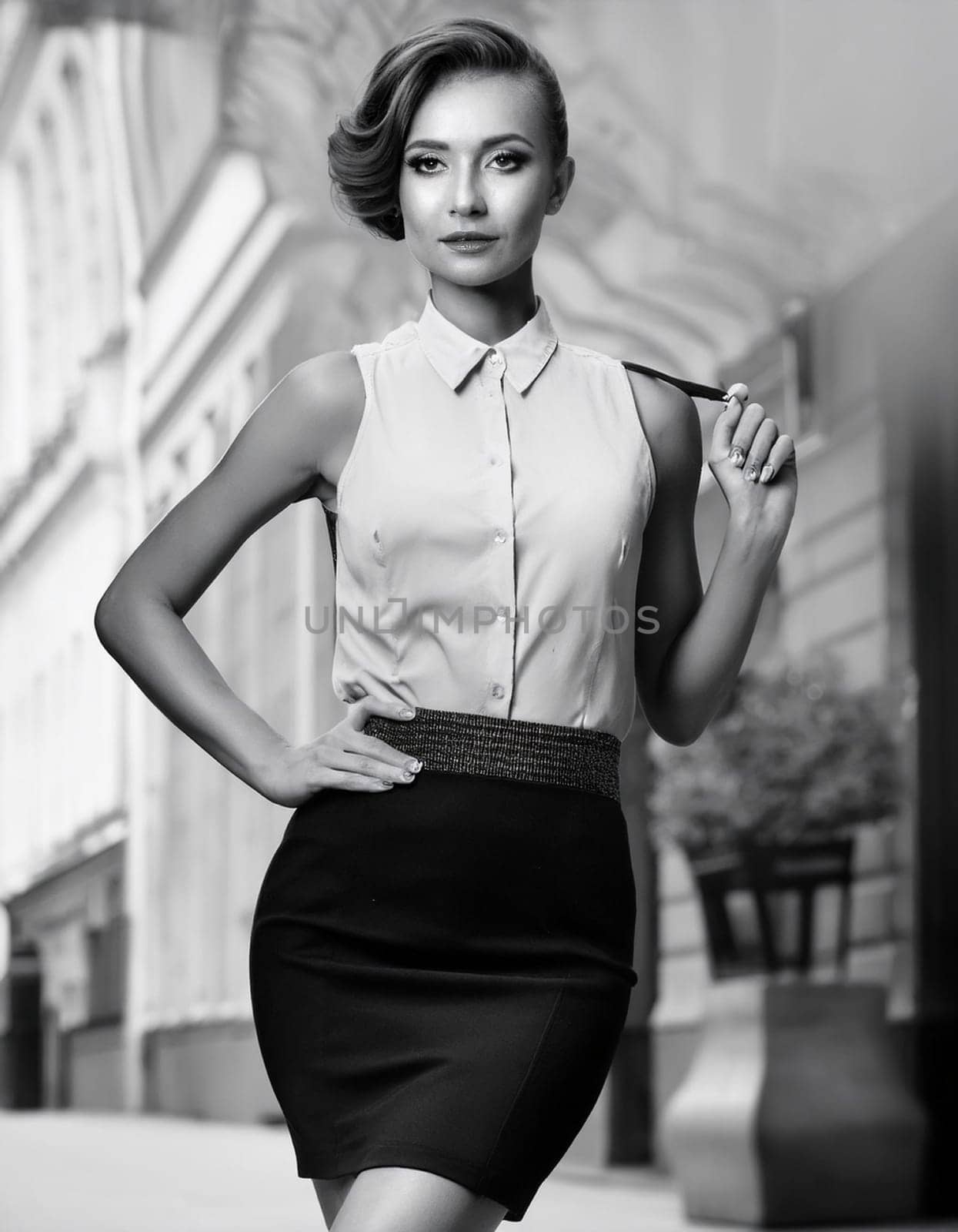 pretty young woman in black and white in miniskirt, AI generated image