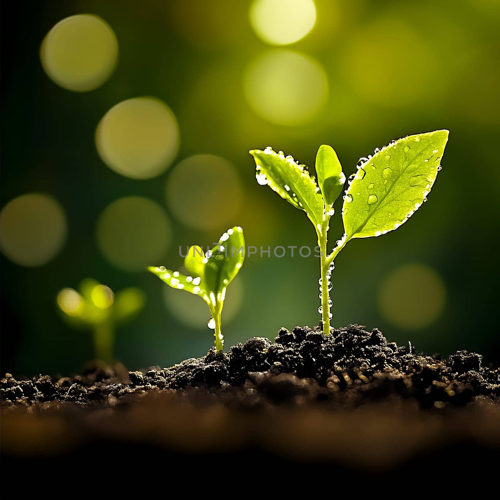 Fresh green sprouts covered in dew, standing against a bokeh background, symbolizing growth and renewal.