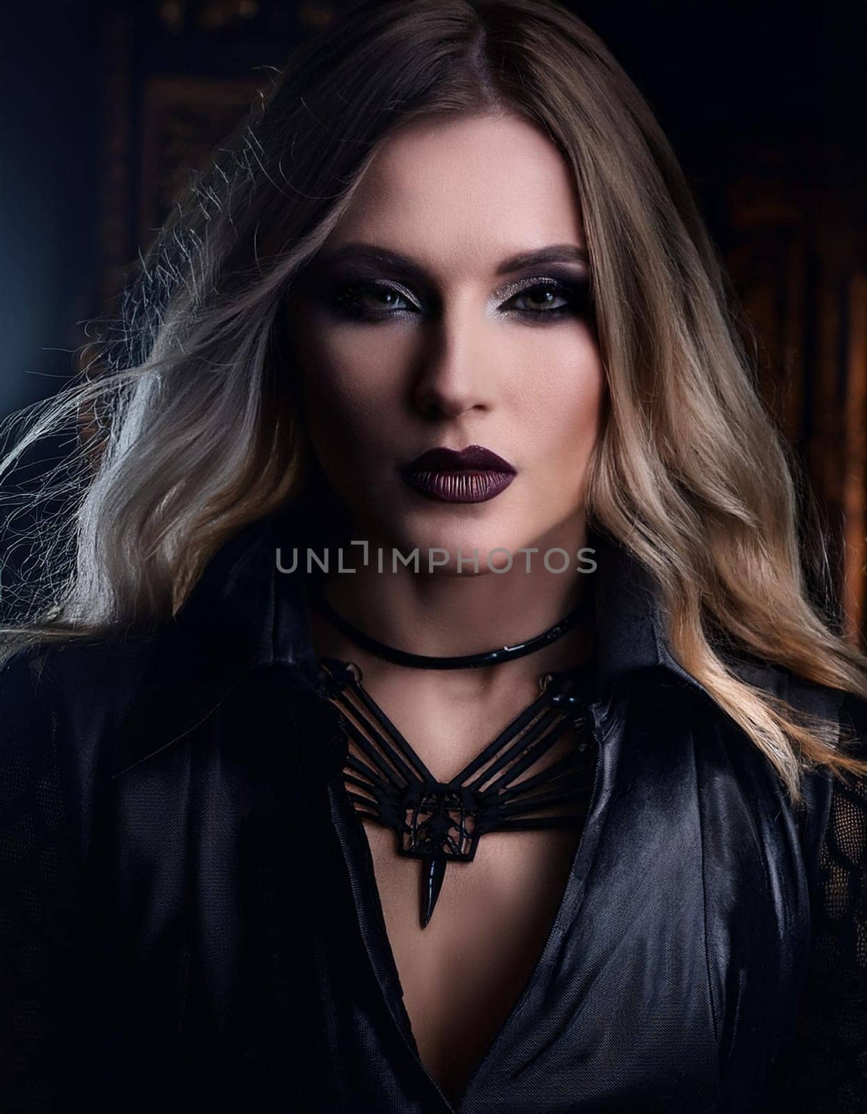 pretty young goth woman dressed in black, AI generated image
