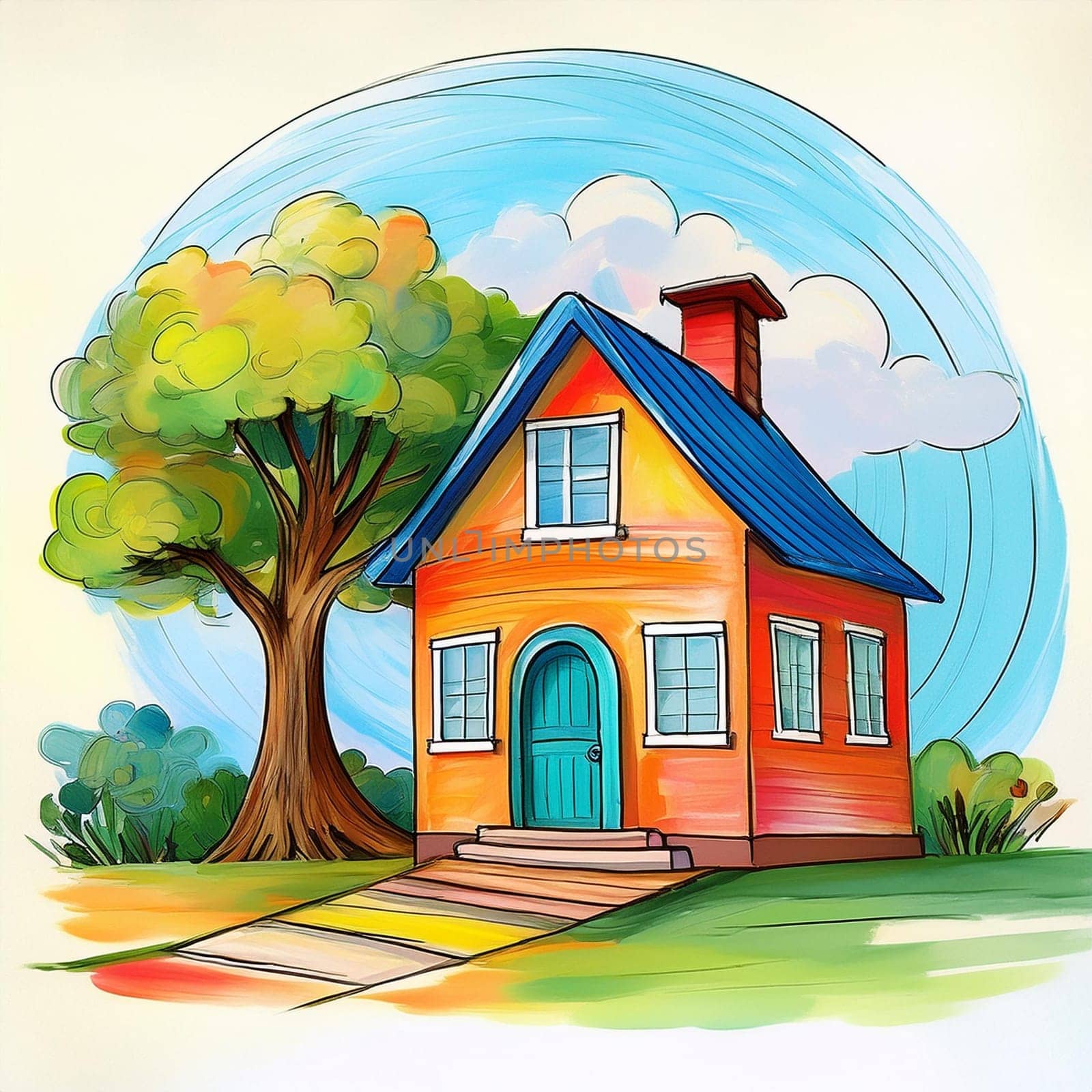 house and tree simple illustration, AI generated image