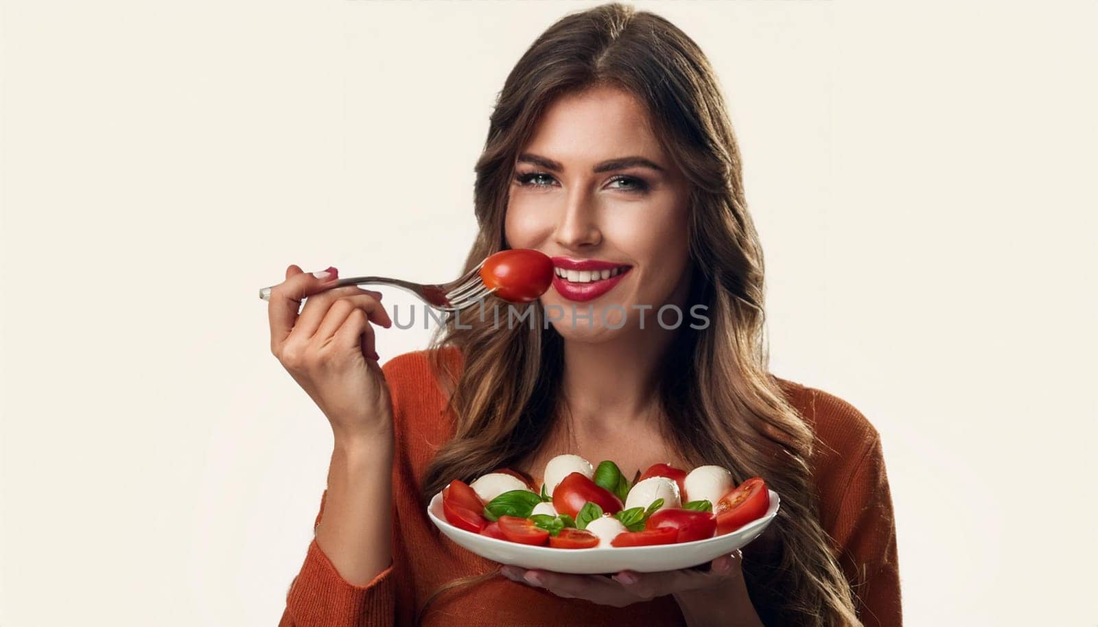 pretty young woman eating tomato and mozzarella, AI generated image