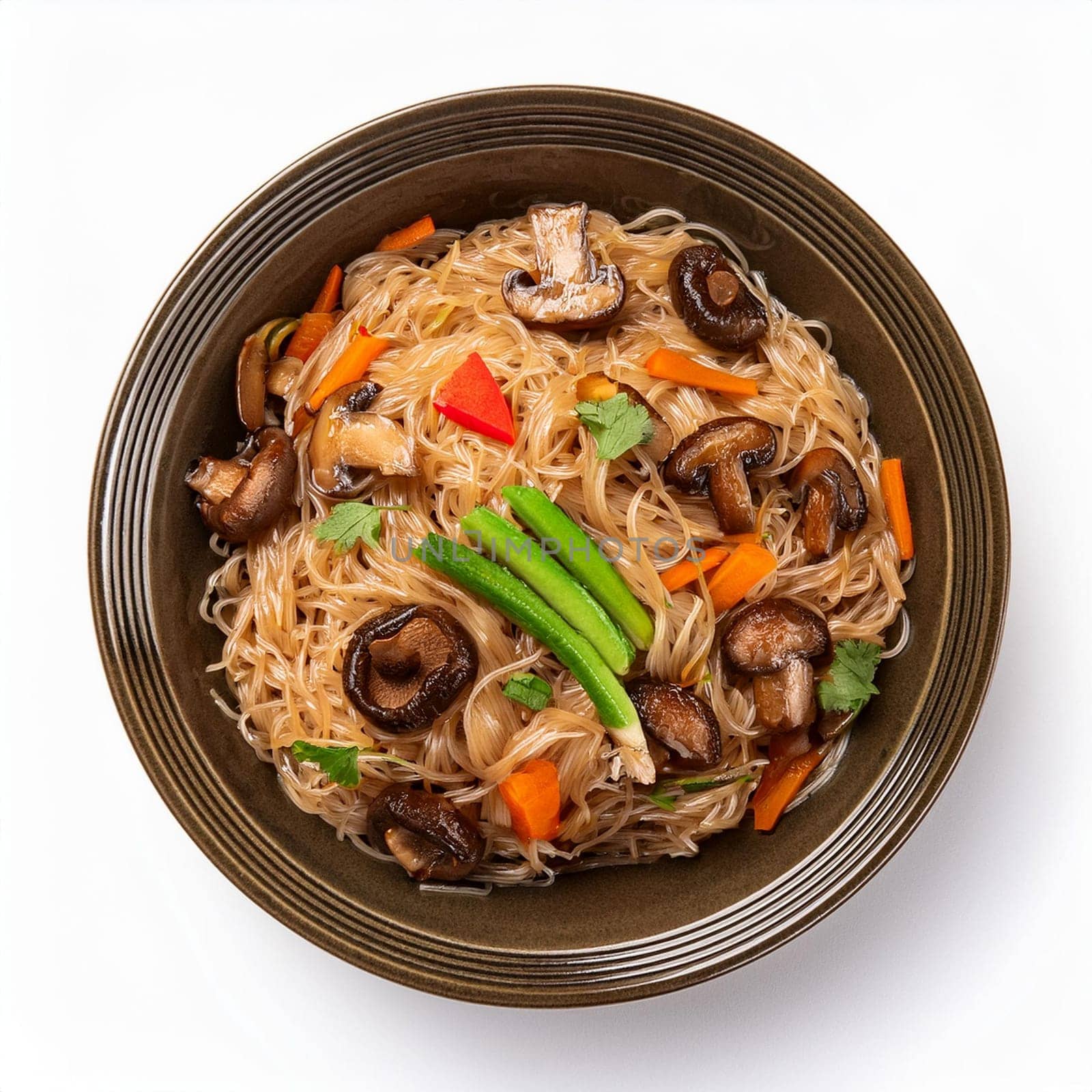 vegetarian asian rice noodles with shiitake mushrooms and vegetables, AI generated image