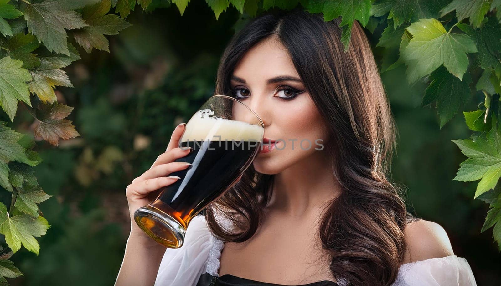 gorgeous young goth woman drinking beer, AI generated image