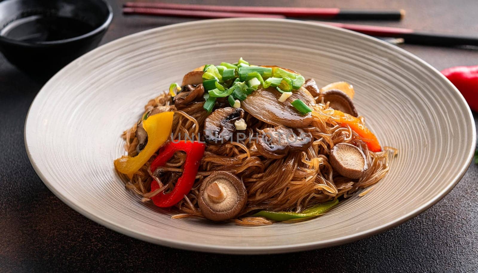 vegetarian asian rice noodles with shiitake mushrooms and vegetables, AI generated image