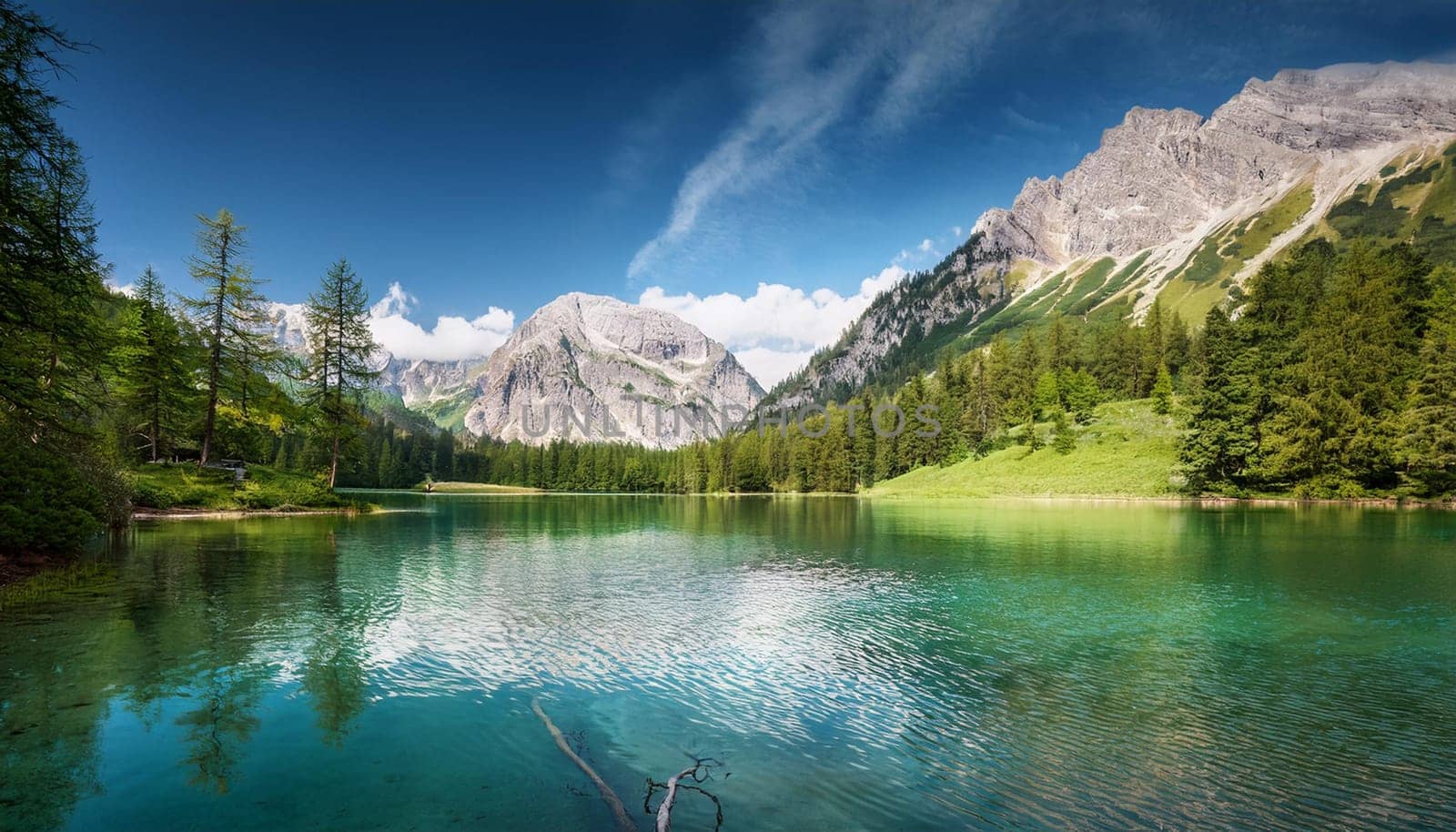 alpine mountains lake landscape view, AI generated image