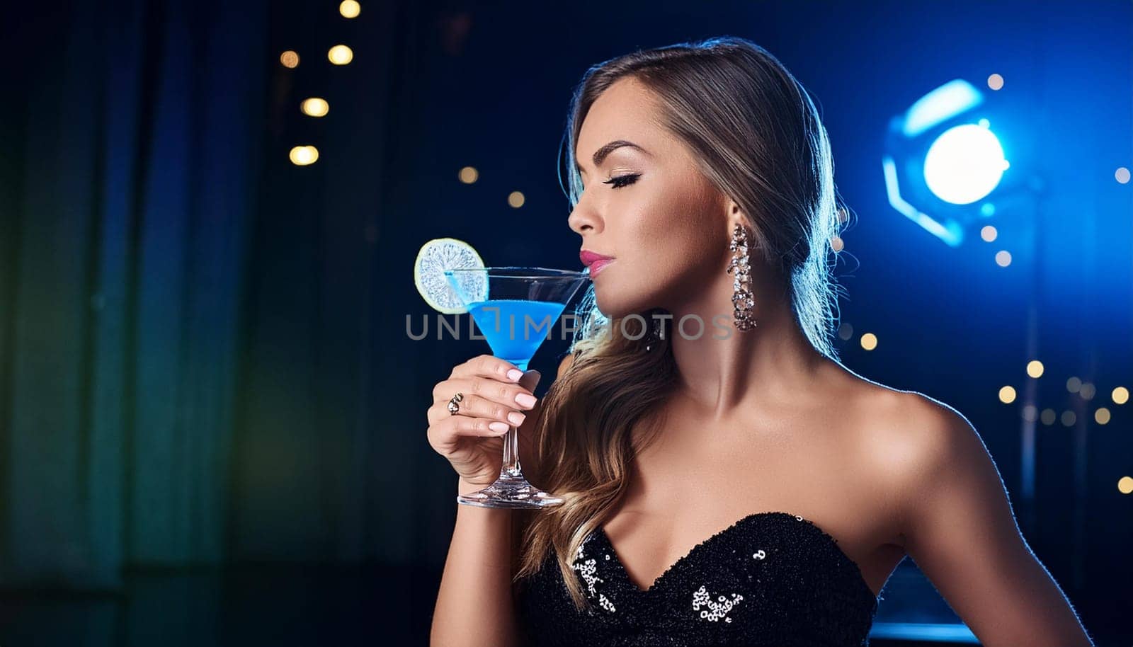 gorgeous woman drinking blue cocktail, AI generated image