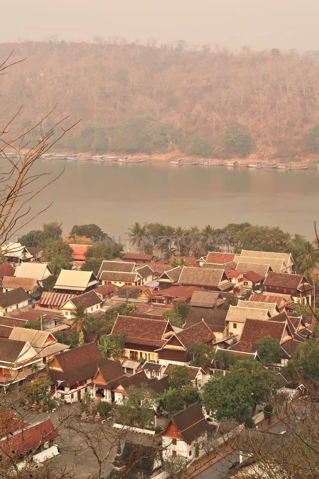 View from Phousi Hill onto the old town of Luang Prabang with the Mekong River in the background, Luang Prabang, Laos 2023