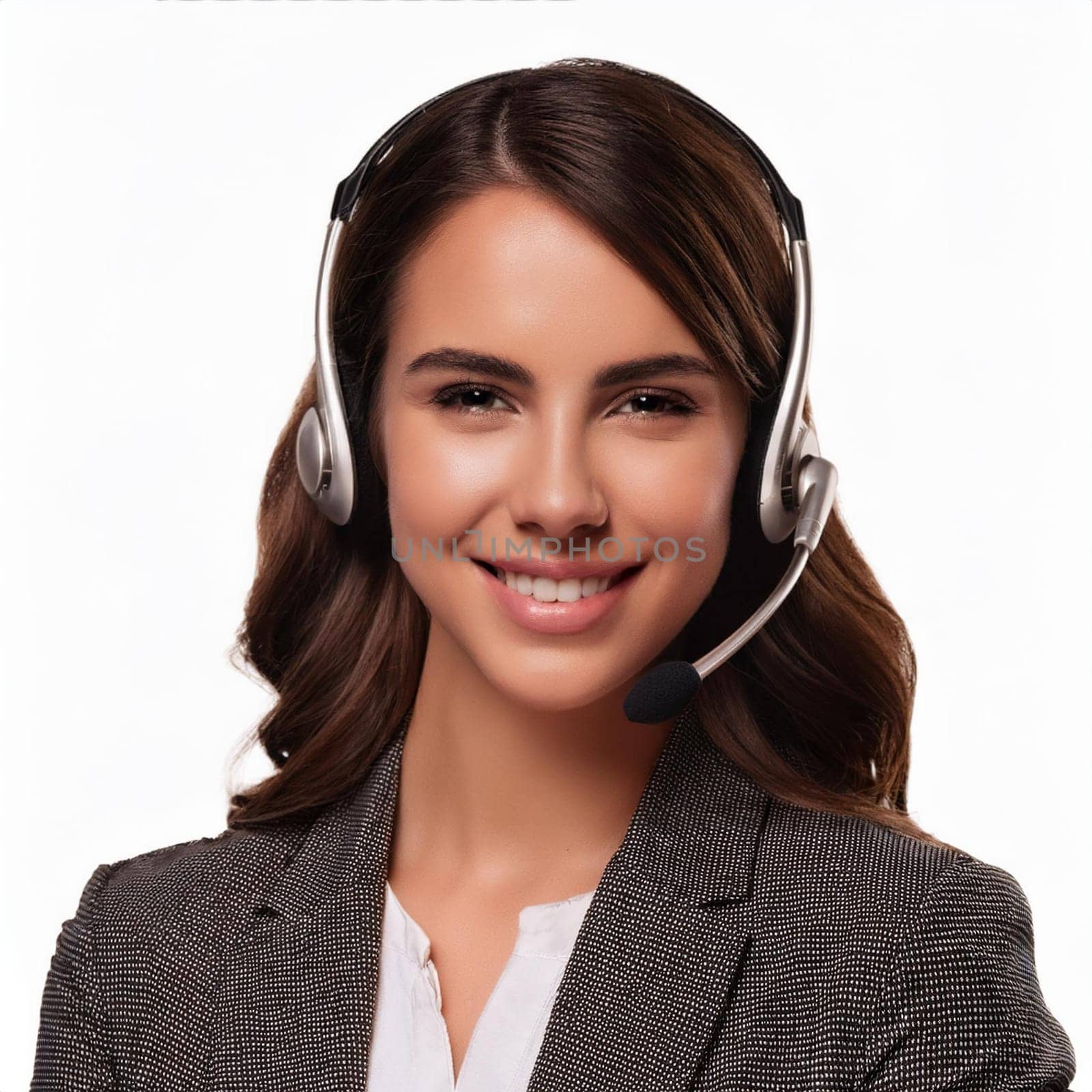 gorgeous young woman with headset in call centre, AI generated image