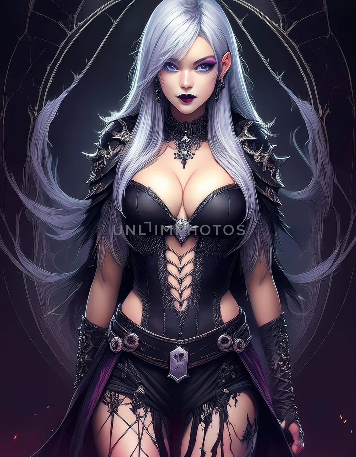 pretty young goth woman dressed in black, AI generated image