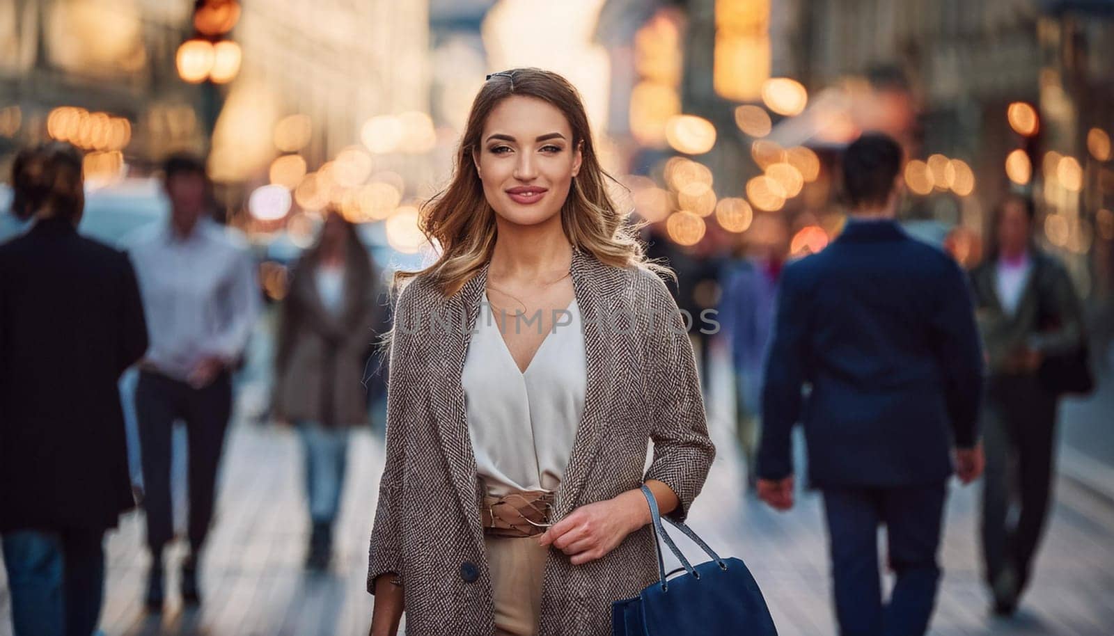 beautiful young elegant woman walking down a busy street, AI generated image