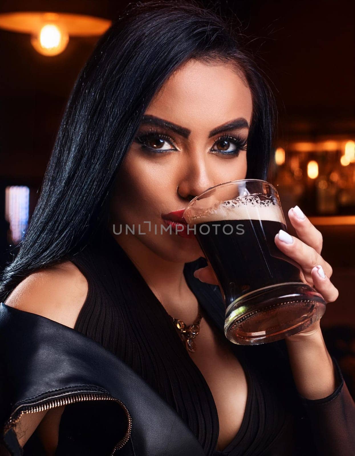 pretty young goth woman drinking beer in a pub, AI generated image