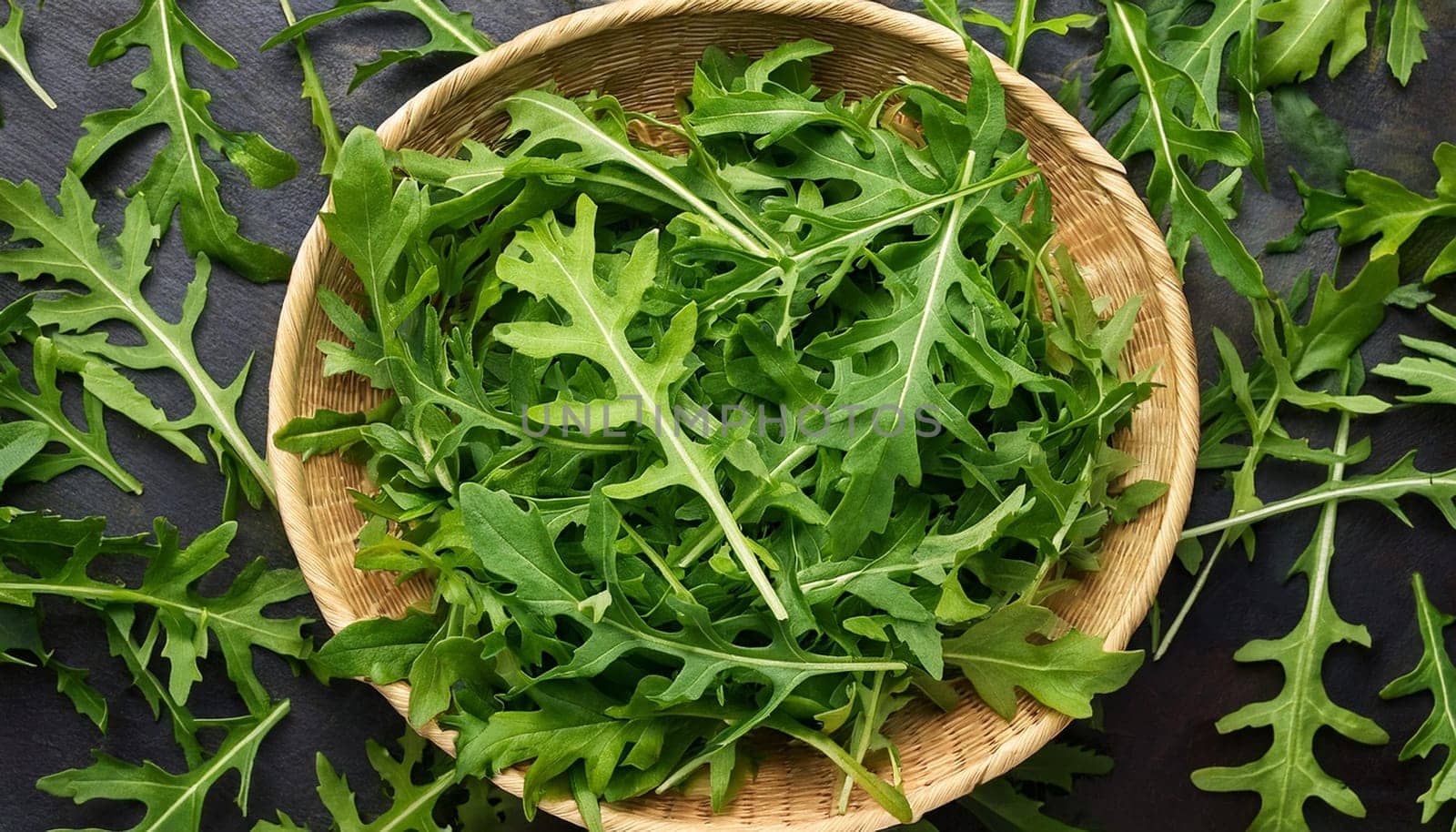 rocket salad flat top view, AI generated image
