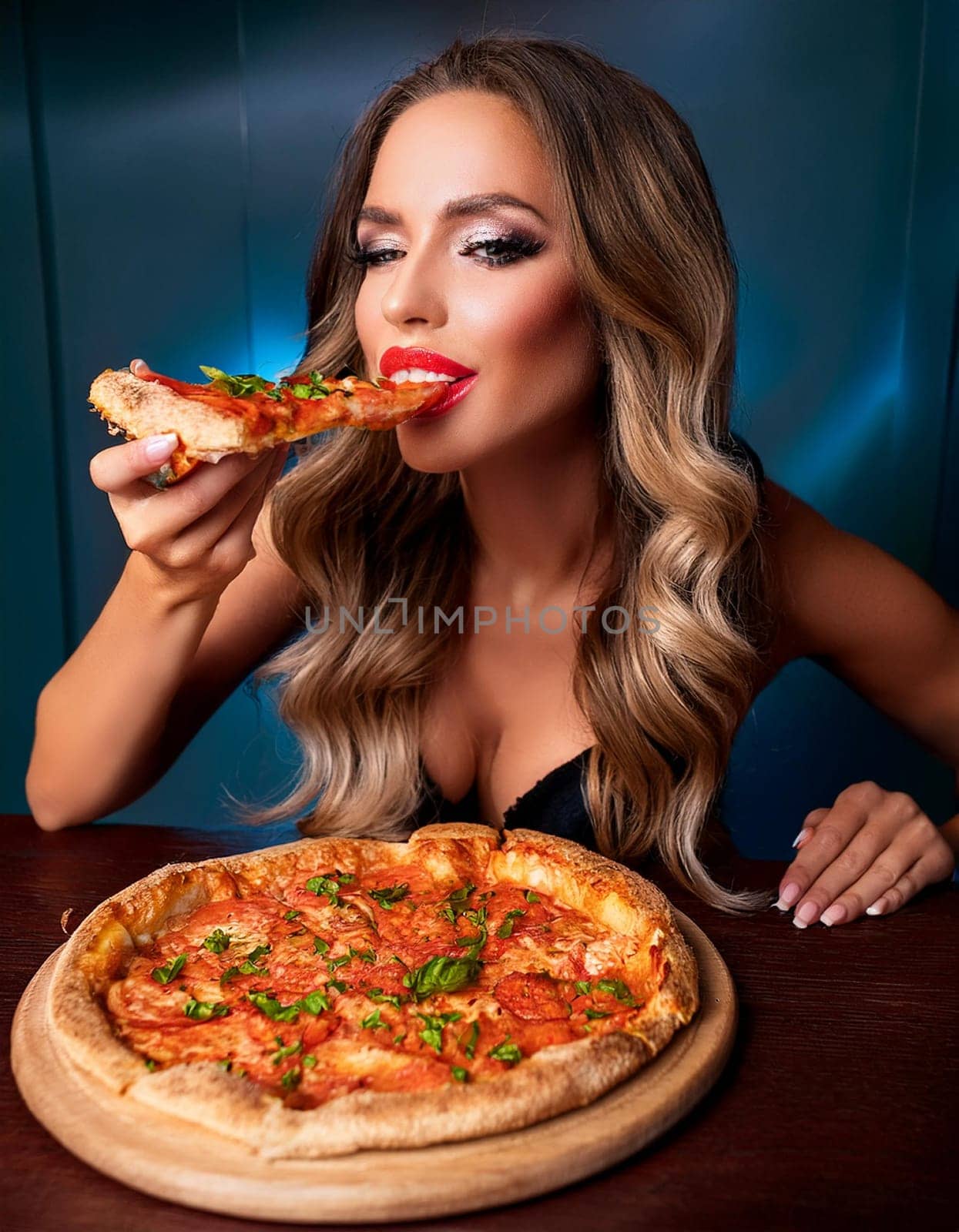 pretty young woman eating pizza margherita, AI generated image
