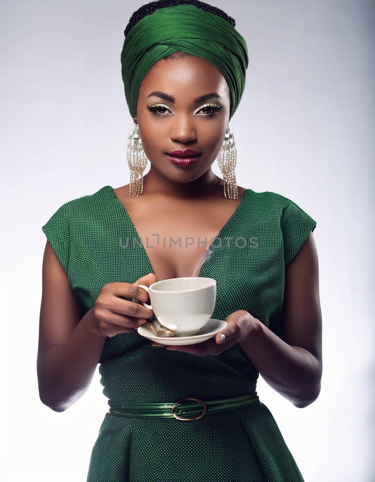 pretty young woman drinking green tea, AI generated image
