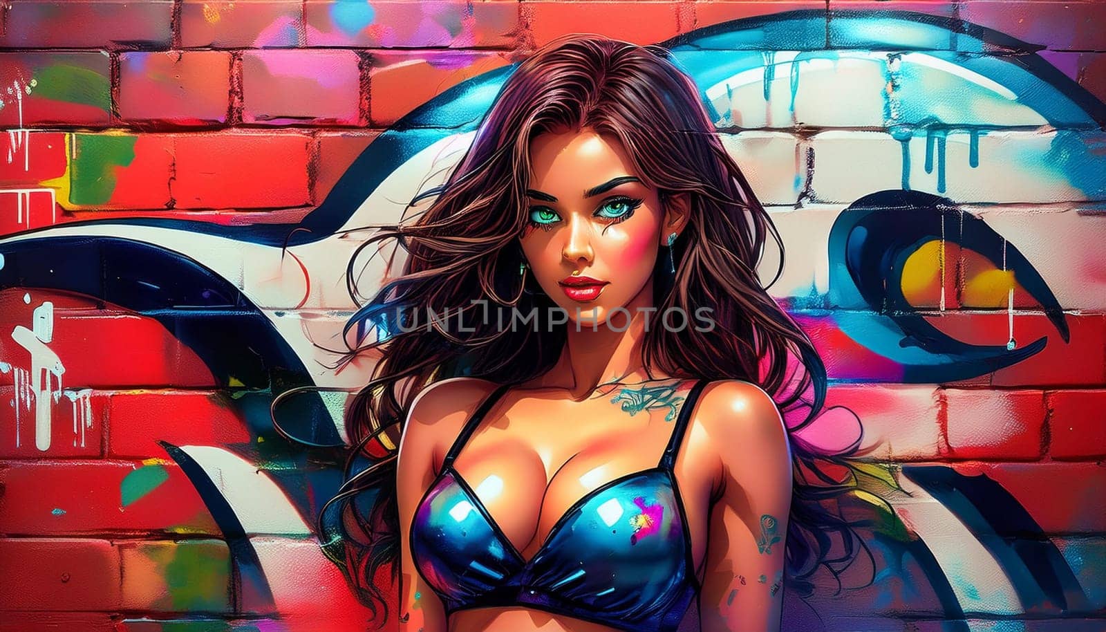gorgeous young woman over graffiti wall, AI generated image
