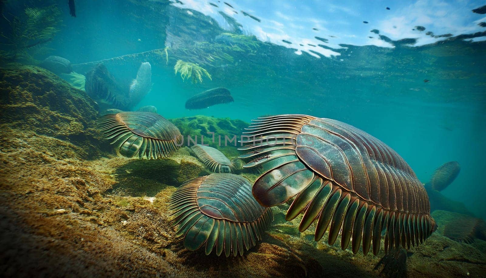 prehistoric trilobites under sea water, AI generated image