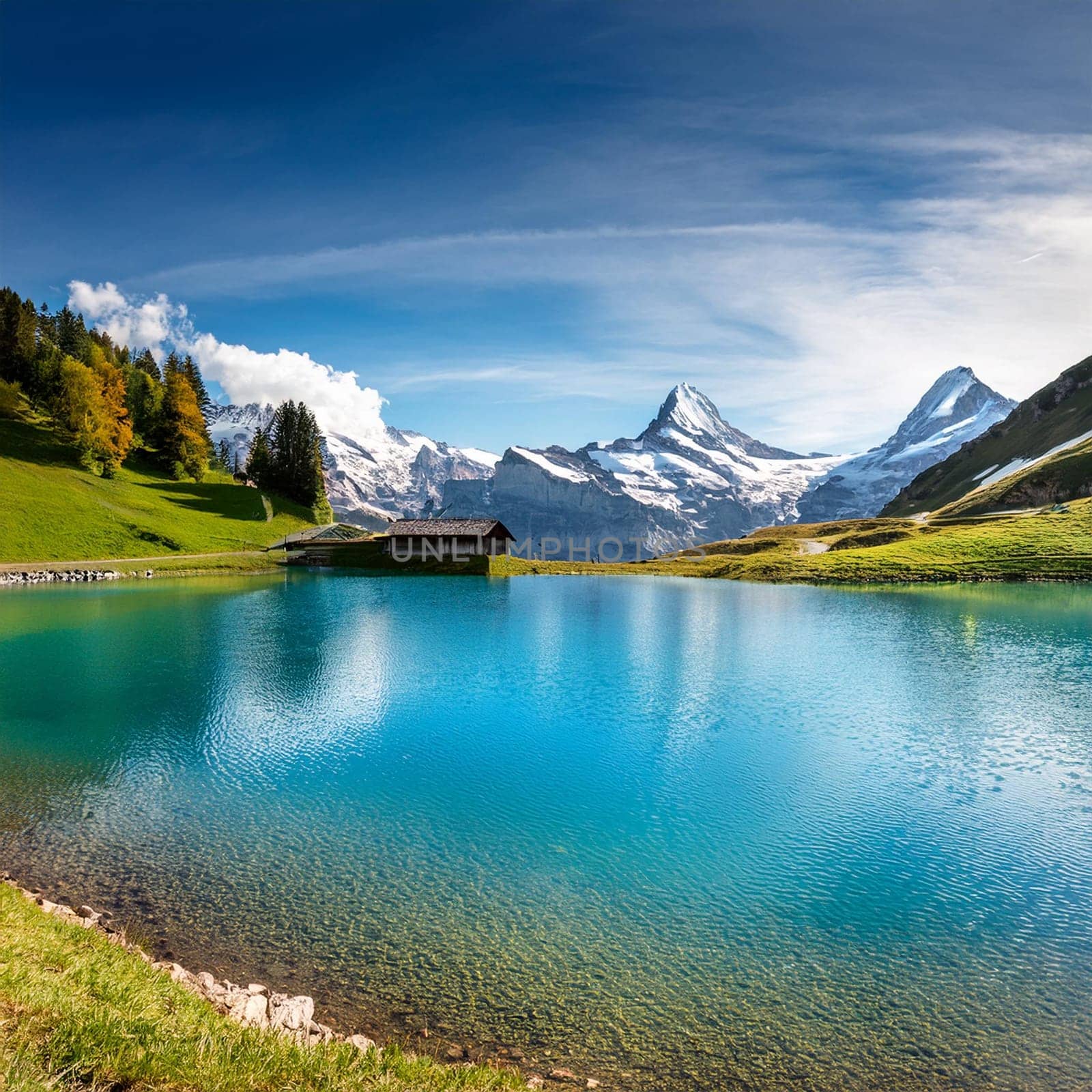 imaginary swiss mountain lake landscape, AI generated image