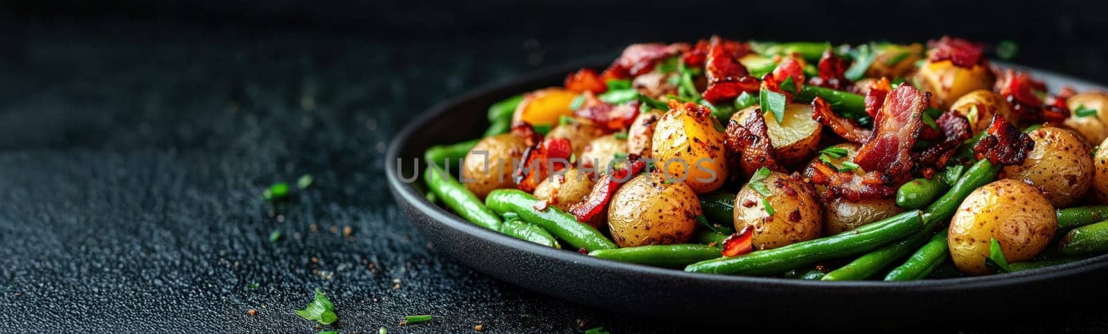 Rustic country-style dish with roasted new potatoes in a plate, tender green beans and crispy bacon bits. AI generative.