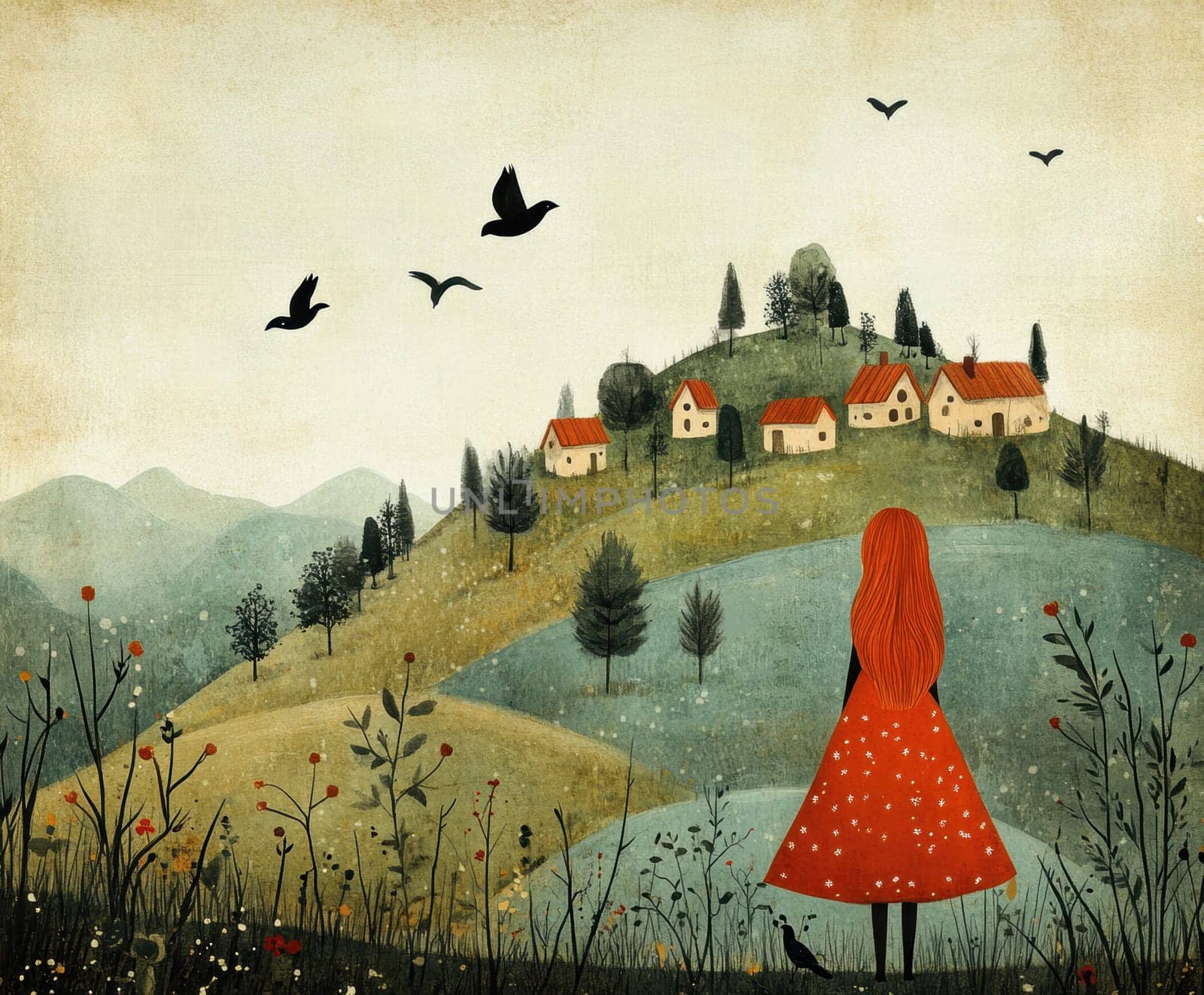 Little girls playing in the garden,in the sky birds and in the distance you can see the house.AI generative.