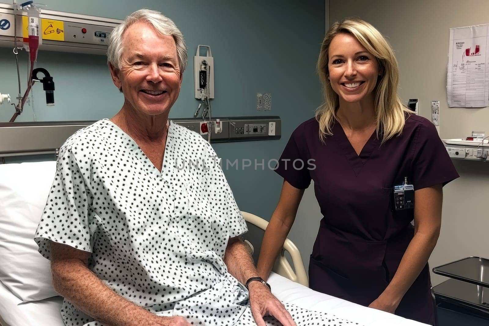 patient in a hospital gown, lying on a modern hospital bed next to a smiling nurse standing. AI generative.