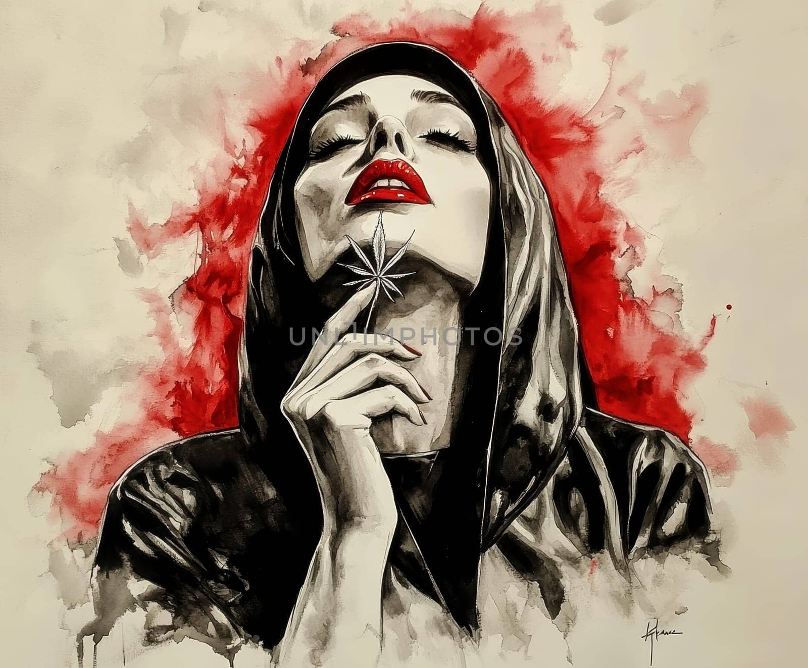 Woman dressed as nun smoking marijuana. AI generative.