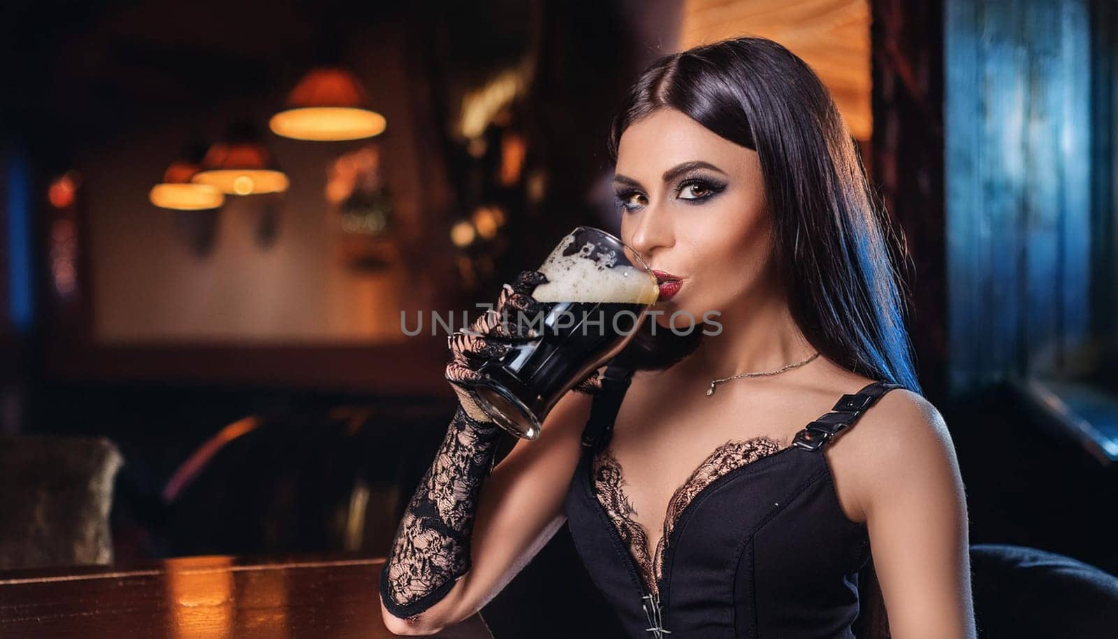 pretty young goth woman drinking beer in a pub, AI generated image