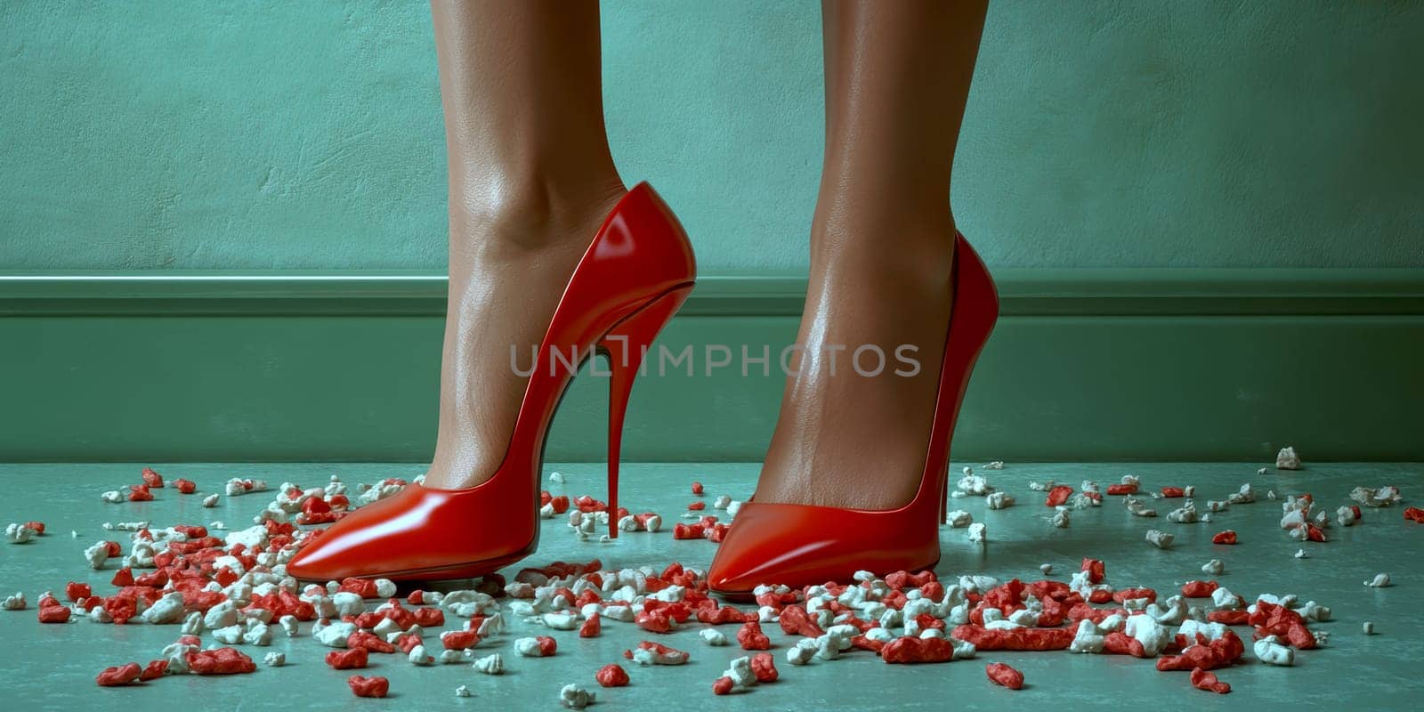 long female legs on a colorful background with high heels. AI generative.