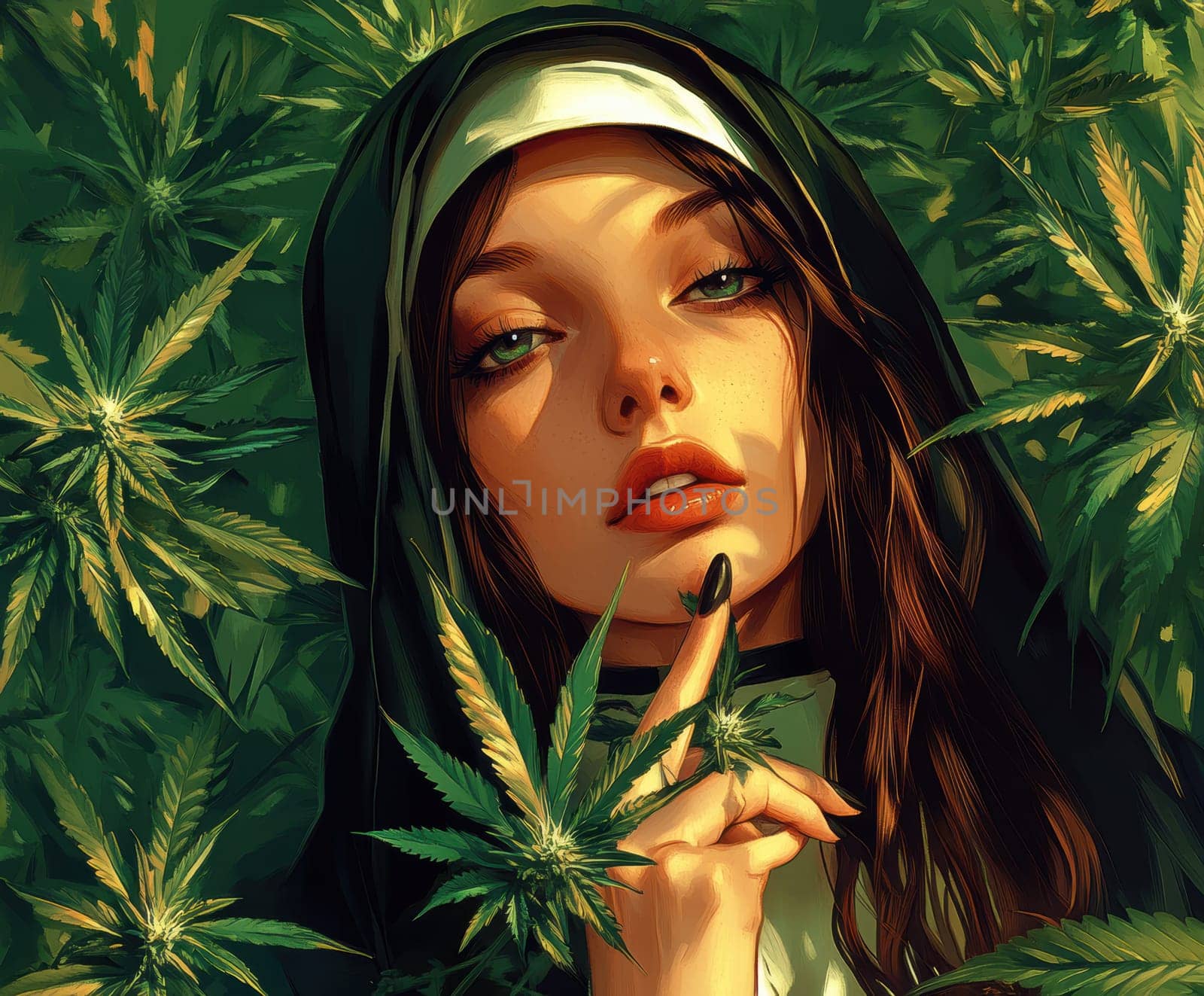 Woman dressed as nun smoking marijuana. AI generative.