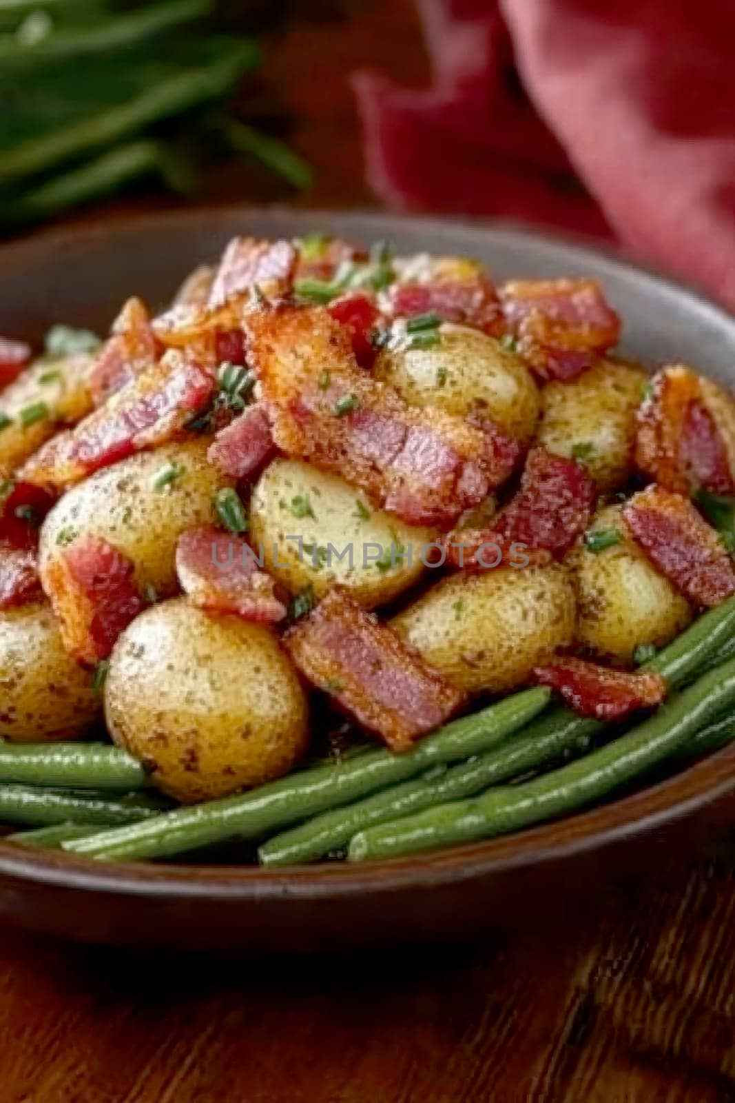 Rustic country-style dish with roasted new potatoes in a plate, tender green beans and crispy bacon bits. AI generative.