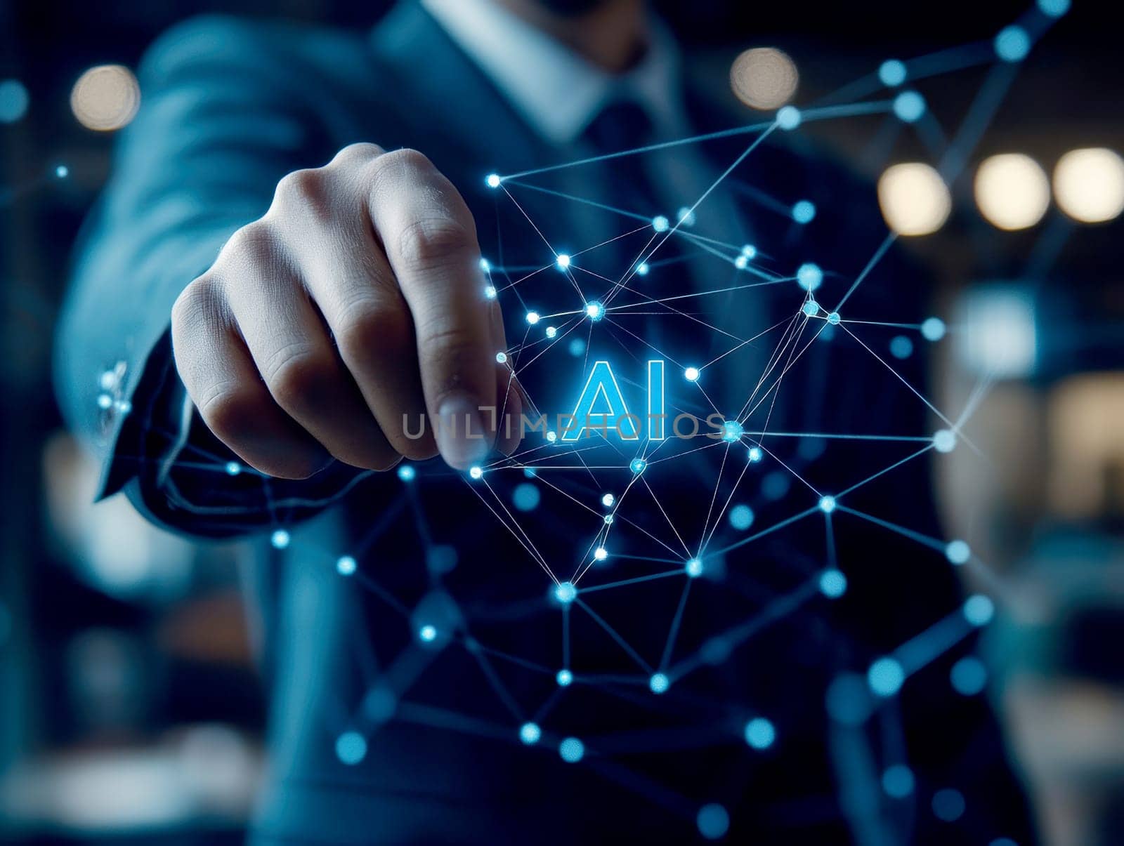 Businessman touches blue AI letters  in cloud. AI generative.