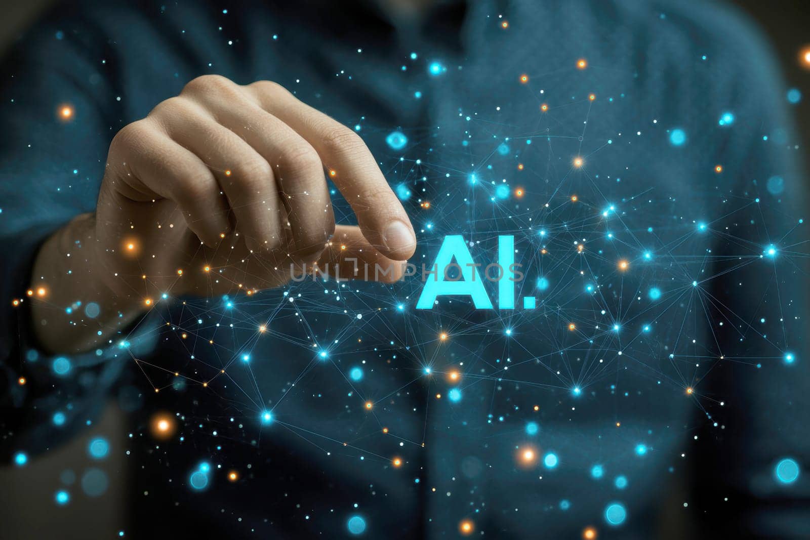 Businessman touches blue AI letters  in cloud. AI generative.