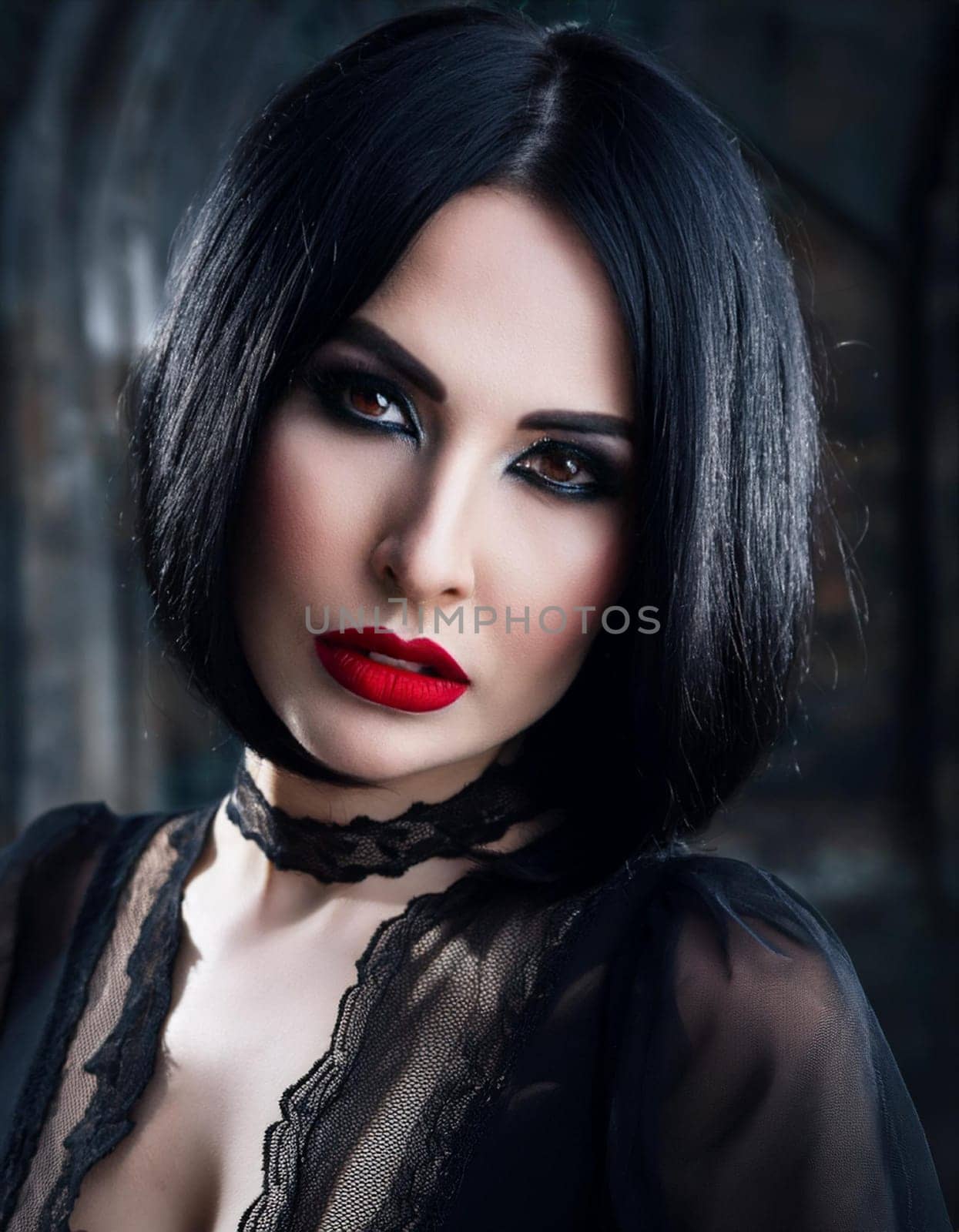 pretty young goth woman dressed in black, AI generated image