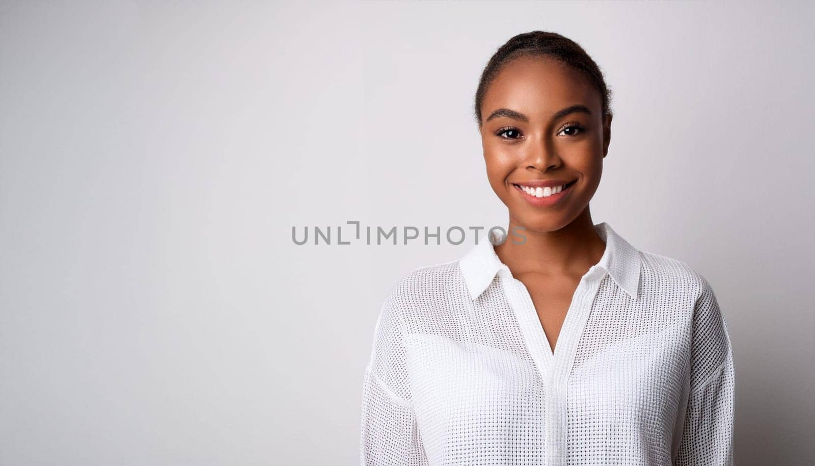 gorgeous young woman white dress over white wall, AI generated image