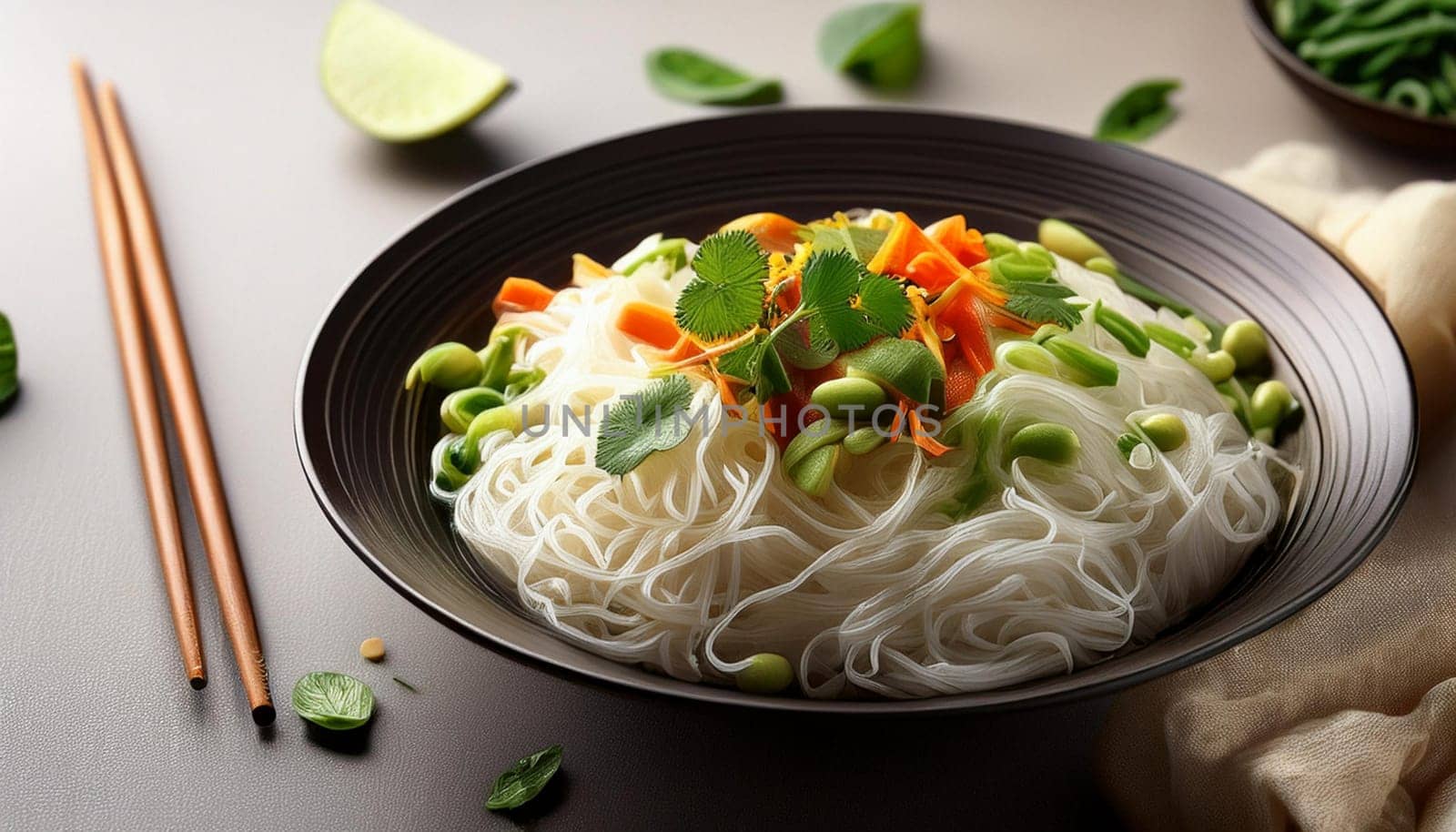 asian rice noodles with shiitake mushrooms and vegetables, AI generated image