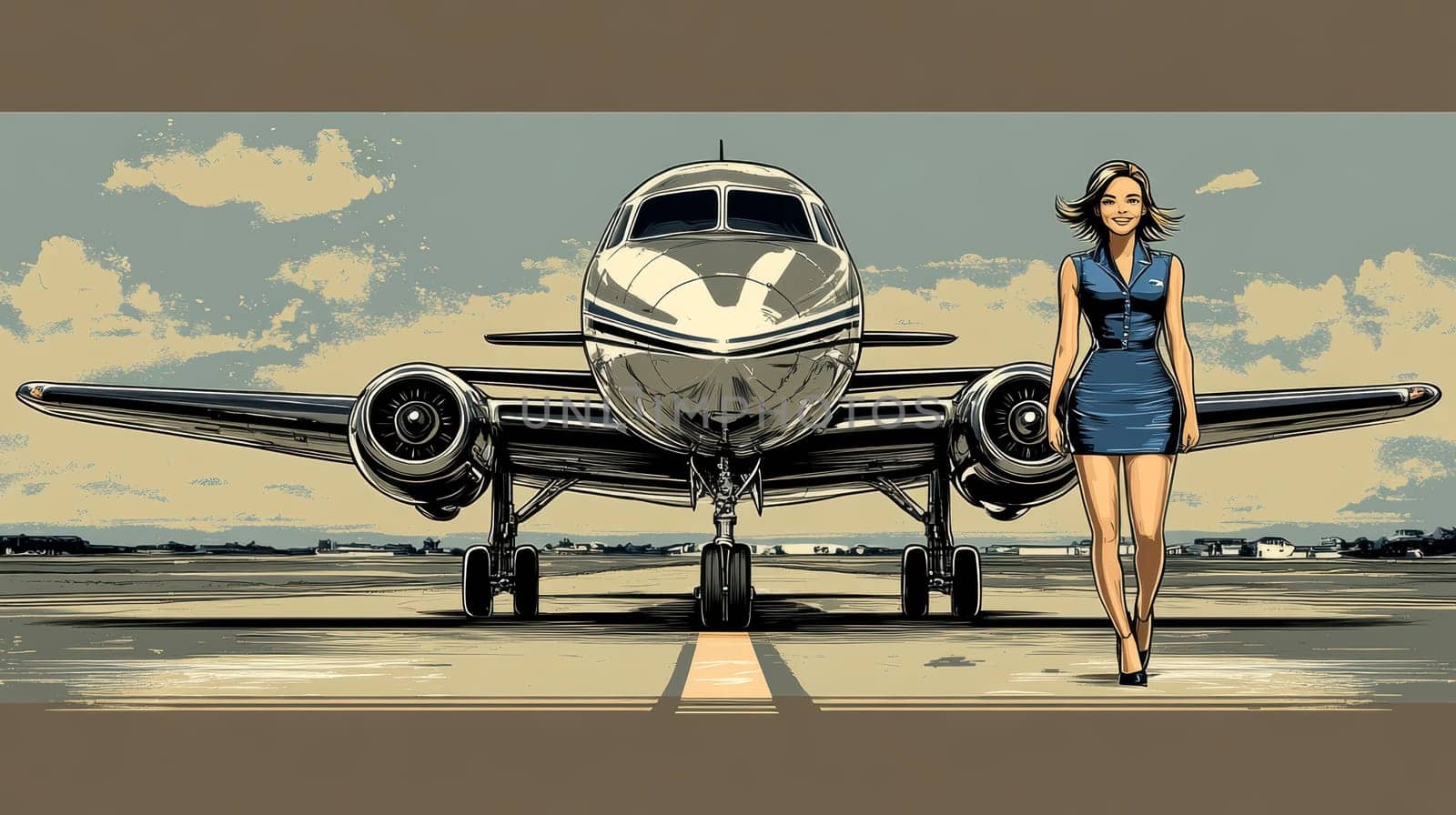 a young, beautiful flight attendant in a sweet, classic blue uniform with a slightly short dress, smiling next to the aircraft. AI generative.