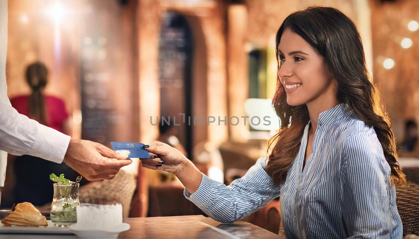 gorgeous young woman paying with credit card or debit card at restaurant, AI generated image