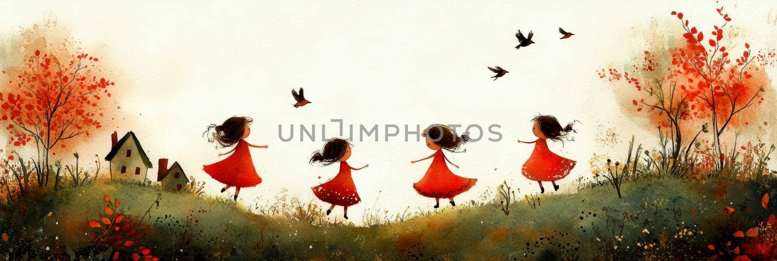 Little girls playing in the garden,in the sky birds and in the distance you can see the house.AI generative.
