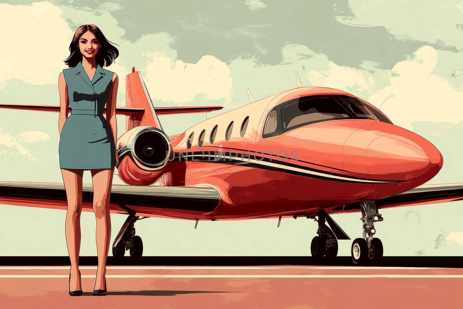 a young, beautiful flight attendant in a sweet, classic blue uniform with a slightly short dress, smiling next to the aircraft. AI generative.