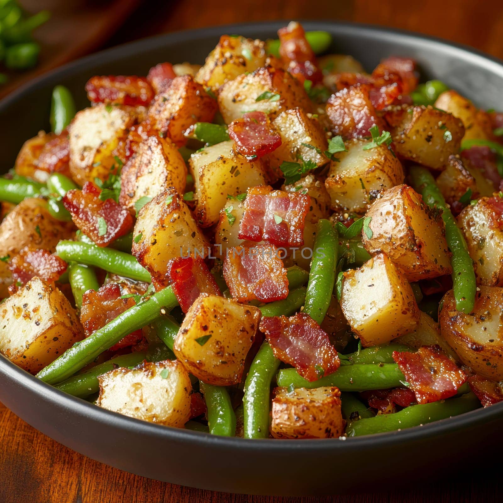 Rustic country-style dish with roasted new potatoes in a plate, tender green beans and crispy bacon bits. AI generative.