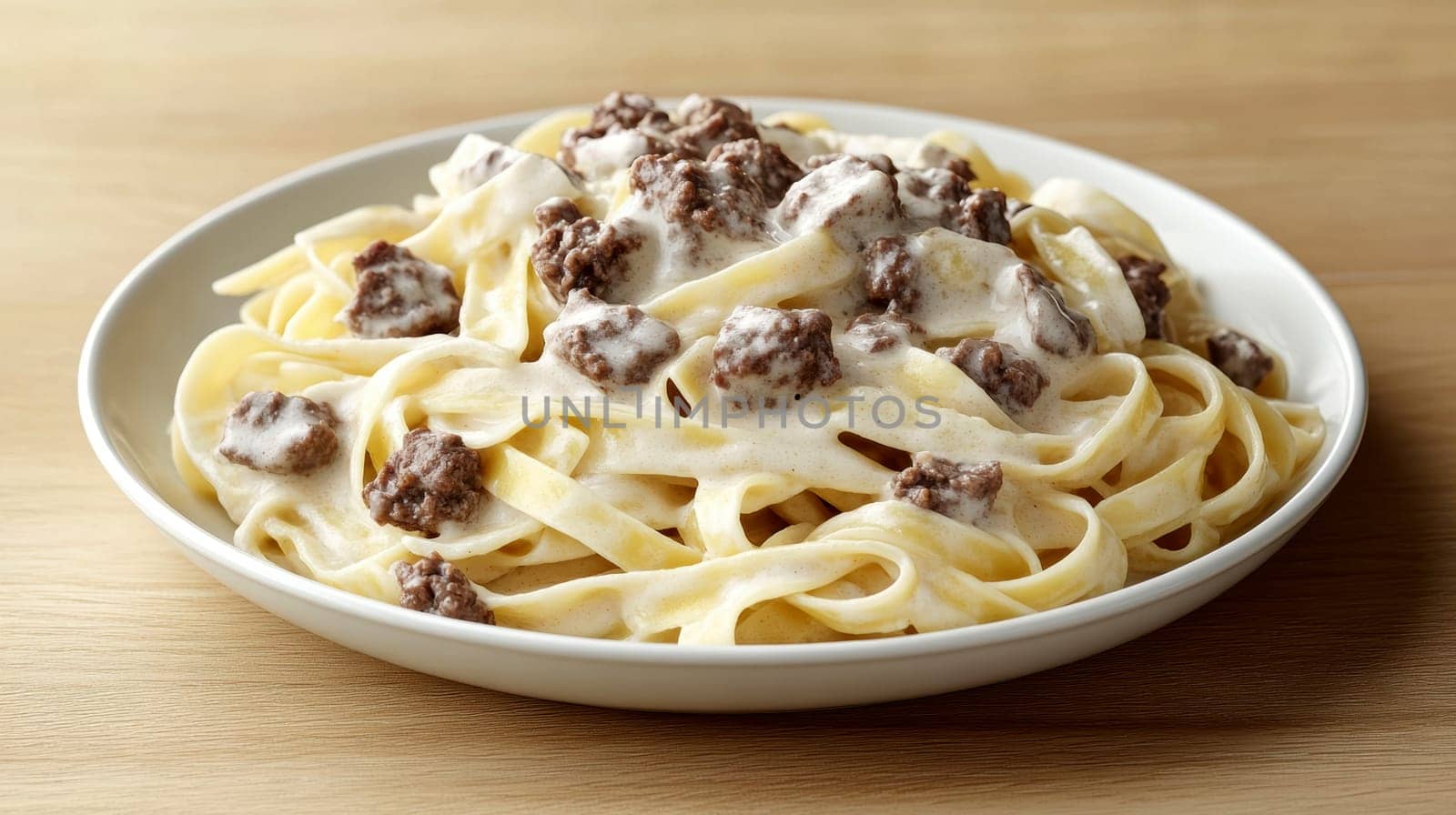 fettuccine with beautifully browned ground beef. AI generative.