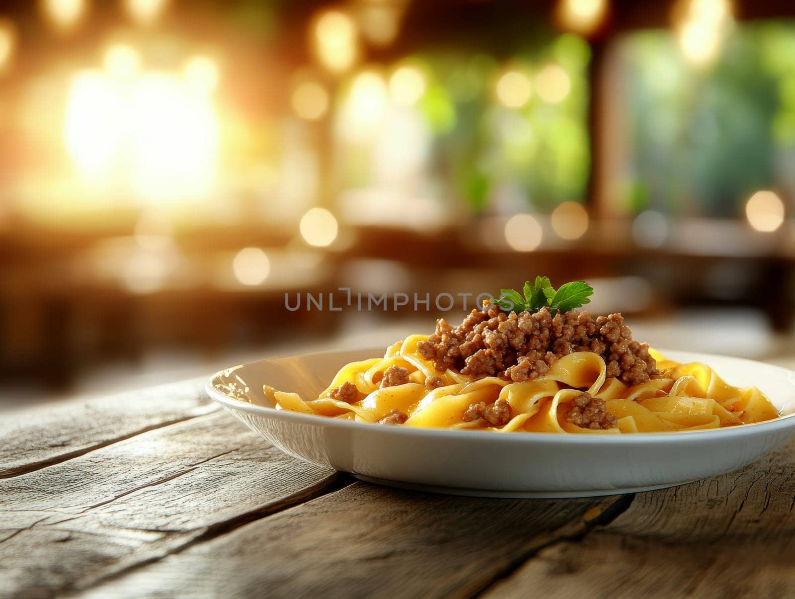 fettuccine with beautifully browned ground beef. AI generative.