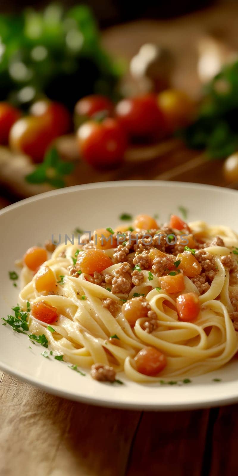 fettuccine with beautifully browned ground beef. AI generative.