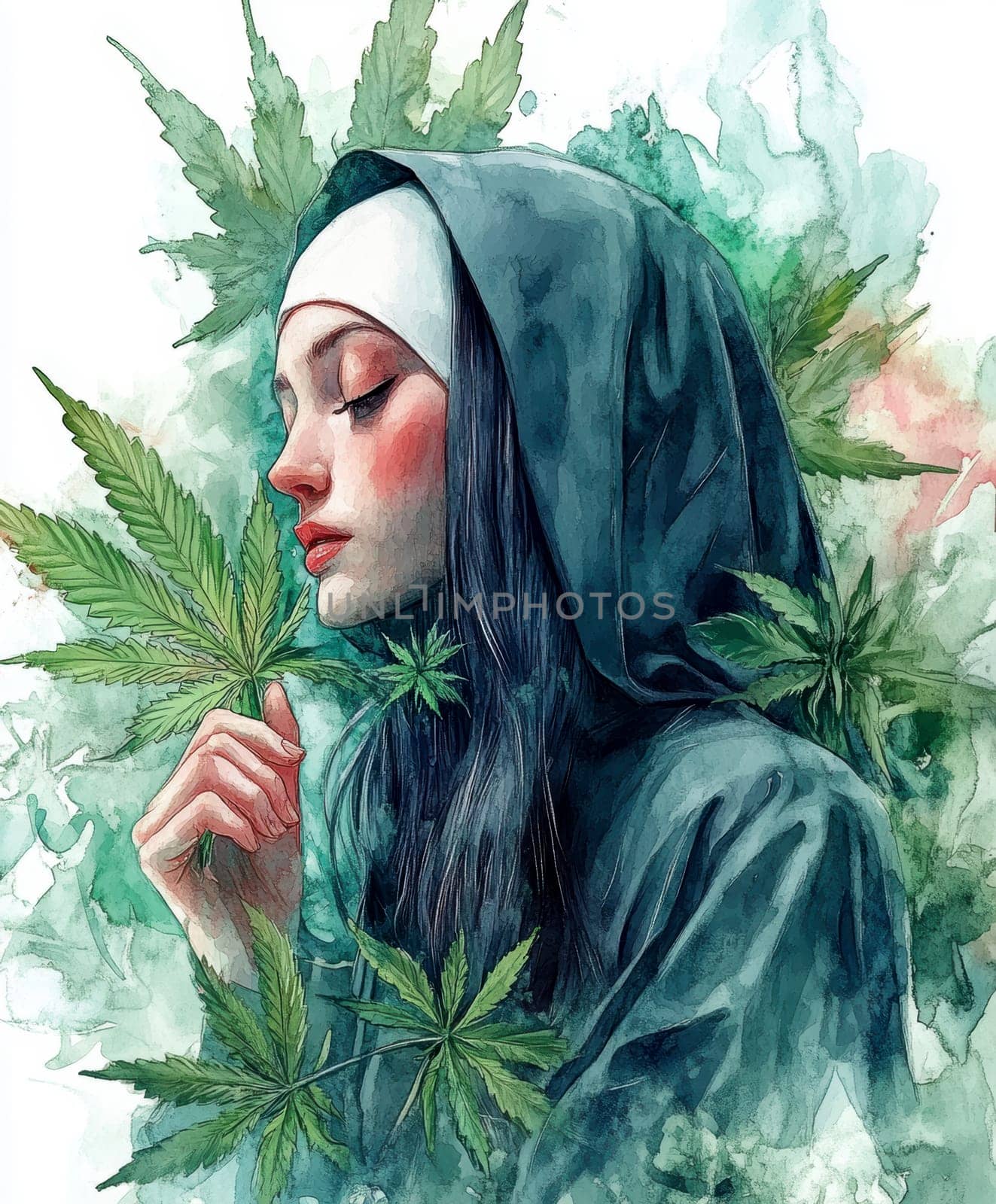 Woman dressed as nun smoking marijuana. AI generative.