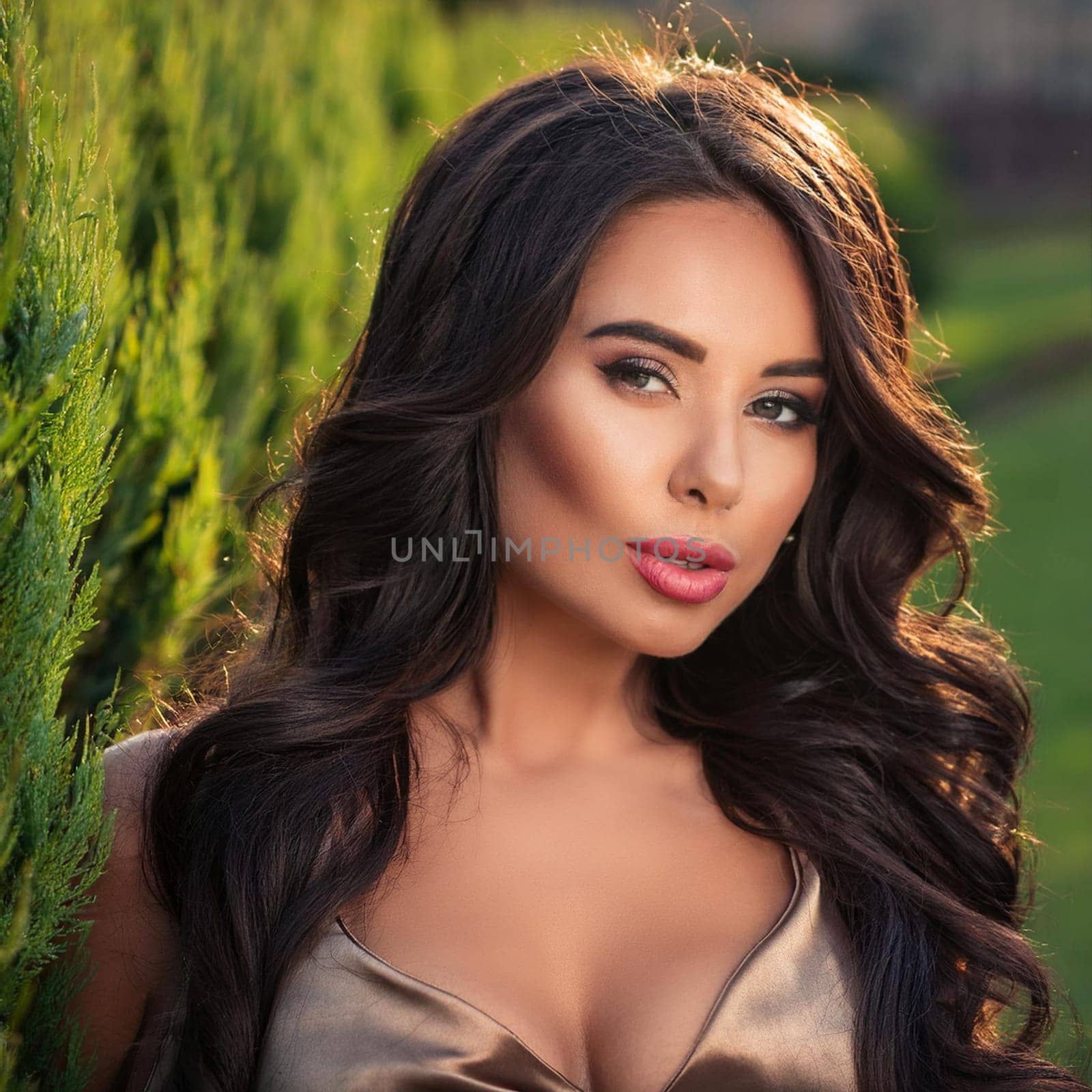 pretty young woman over grass background, AI generated image