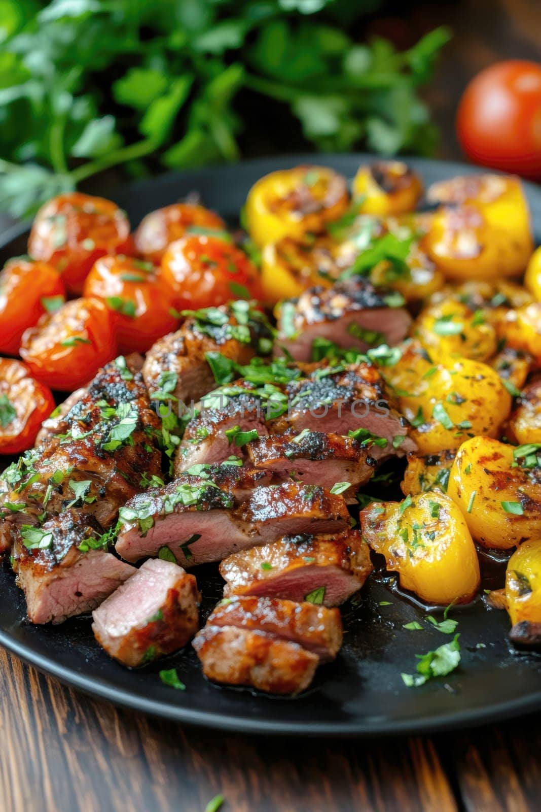cooked duck breast, accompanied by a variety of caramelized vegetables. AI generative.