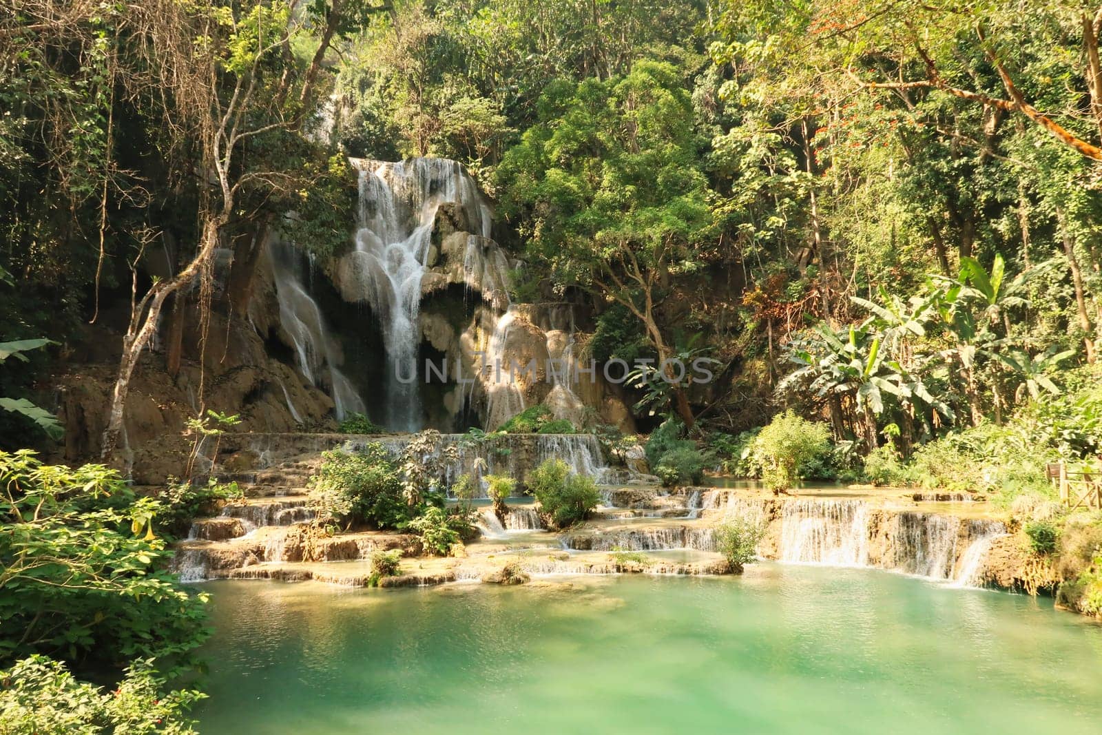 The Kuang Si Fall, Waterfall with its emerald green water, close to Luang Prabang, Laos 2023