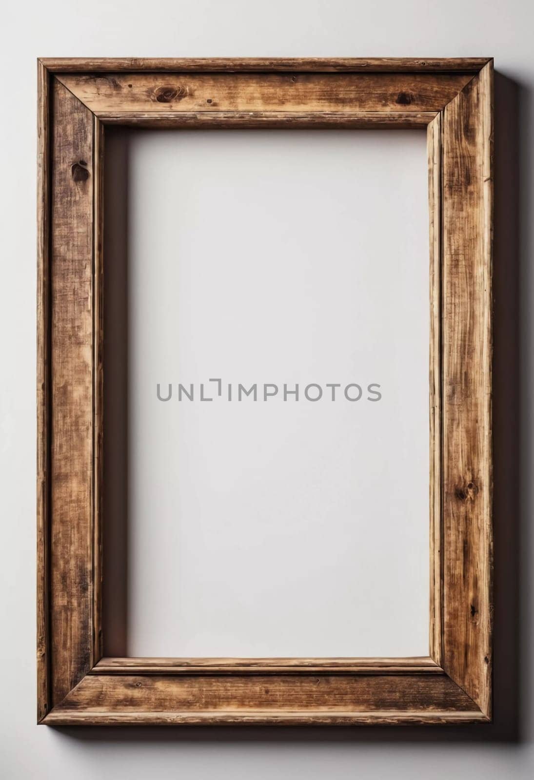 Rustic wooden frame features beautiful carvings and a weathered finish designed to hold art photographs set against clean white backdrop. A frame with intricate details against a white background. AI