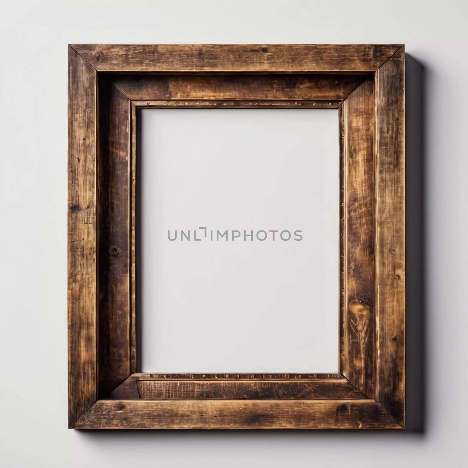 Rustic wooden frame features beautiful carvings and a weathered finish designed to hold art photographs set against clean white backdrop. A frame with intricate details against a white background. AI