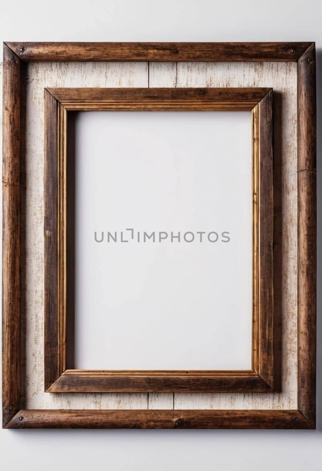 Rustic wooden frame features beautiful carvings and a weathered finish designed to hold art photographs set against clean white backdrop. A frame with intricate details against a white background. AI